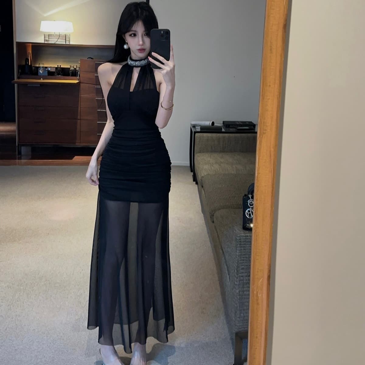 실사 프랑스식 고급 센스 행침 목 망사 드레스 새로운 품격 허리 수축 슬림해 보이는 휴가 길다 치마 이미지 5
