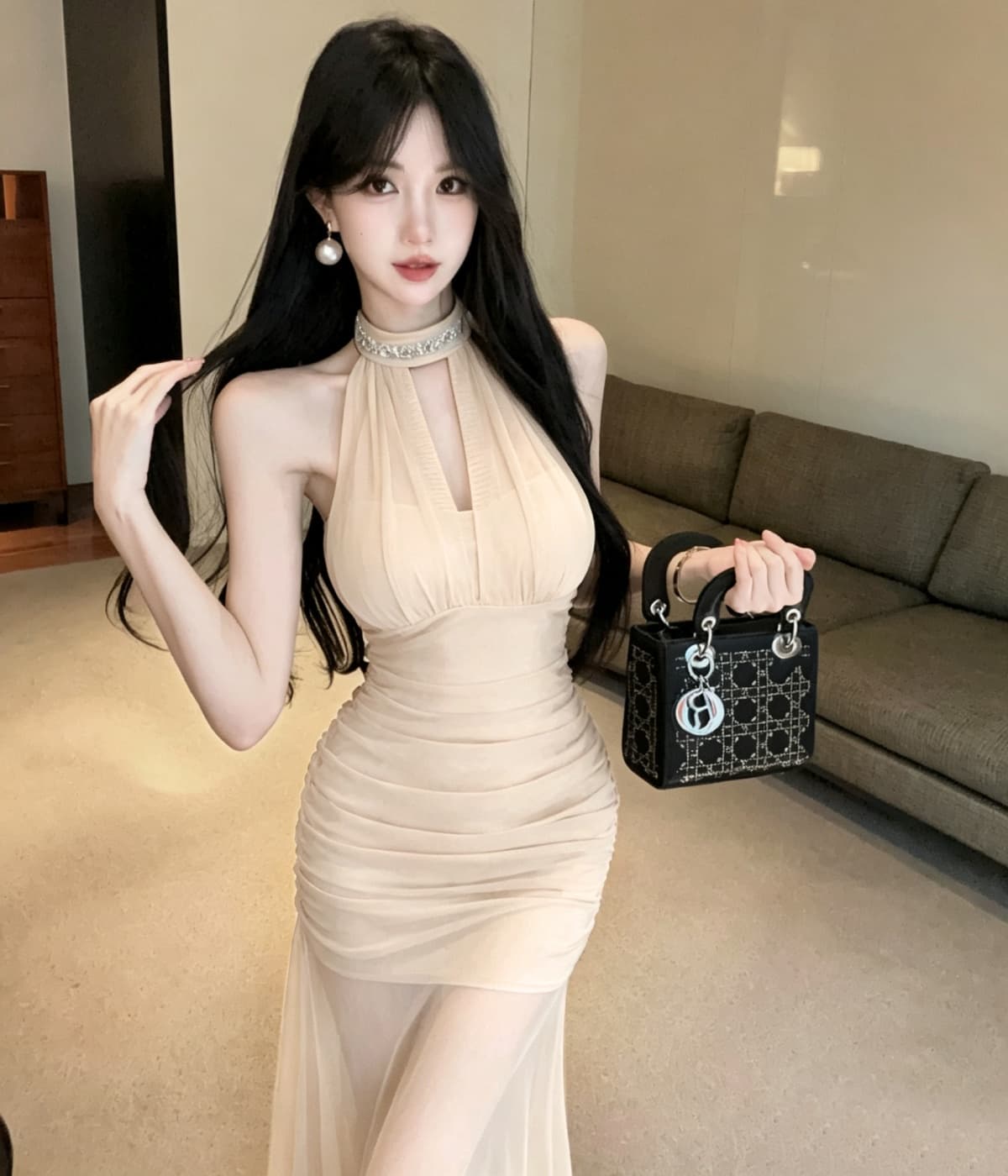 실사 프랑스식 고급 센스 행침 목 망사 드레스 새로운 품격 허리 수축 슬림해 보이는 휴가 길다 치마 상세 이미지 3