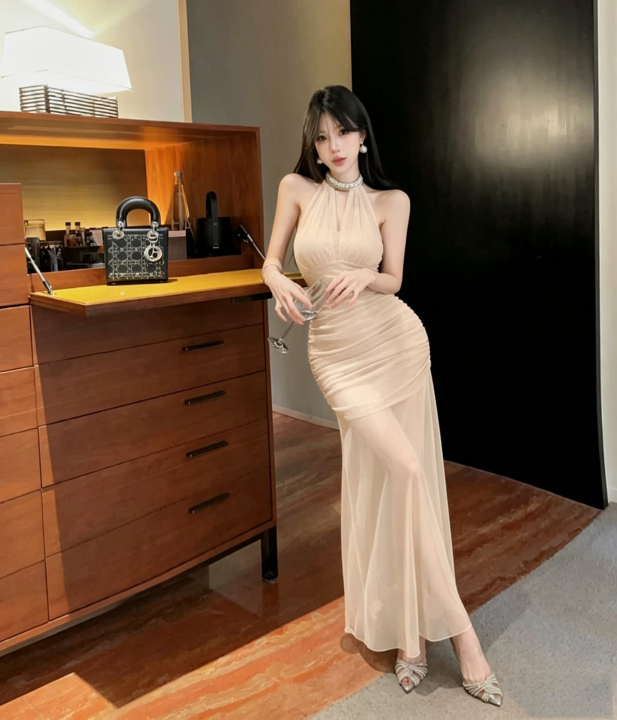 실사 프랑스식 고급 센스 행침 목 망사 드레스 새로운 품격 허리 수축 슬림해 보이는 휴가 길다 치마 상세 이미지 4