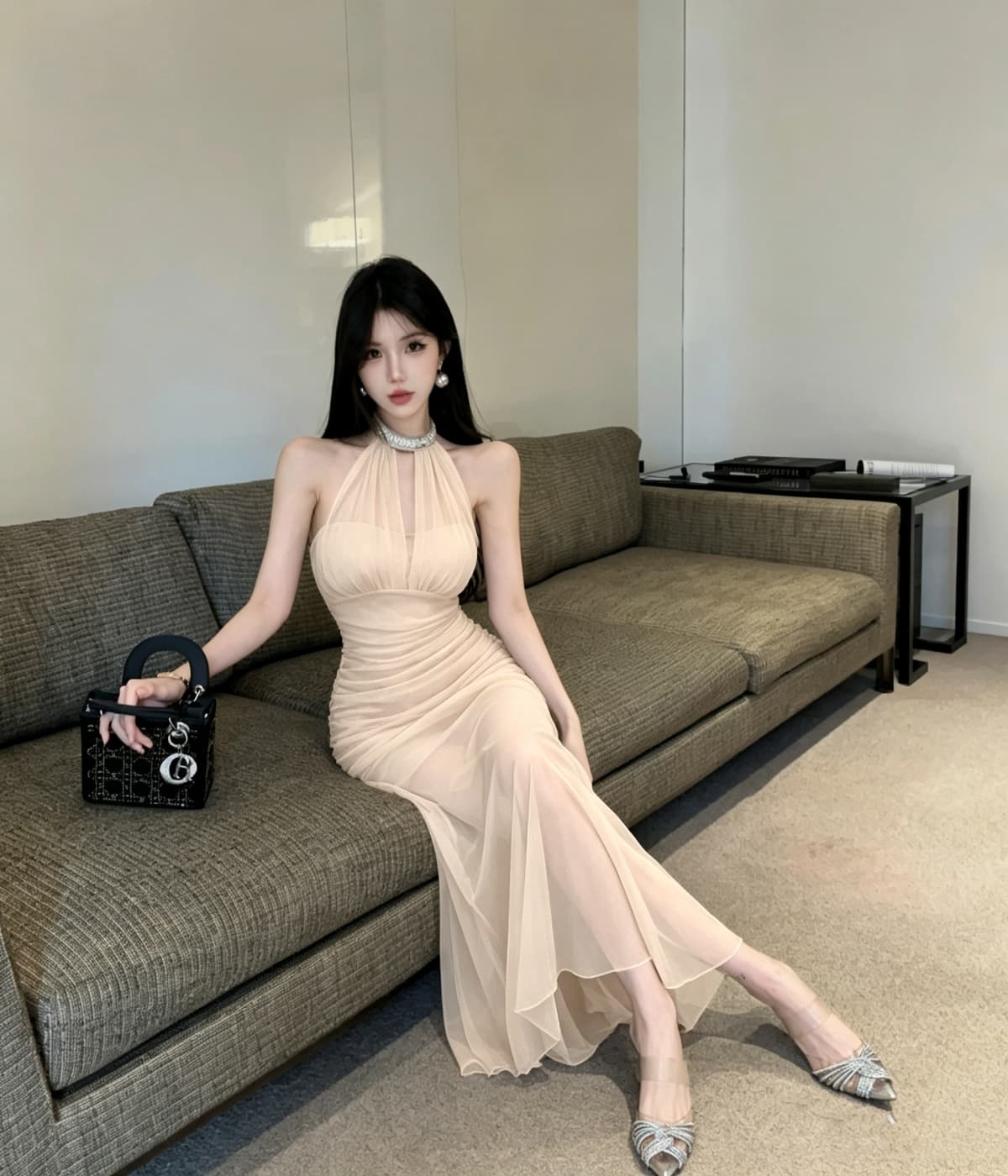 실사 프랑스식 고급 센스 행침 목 망사 드레스 새로운 품격 허리 수축 슬림해 보이는 휴가 길다 치마 상세 이미지 5