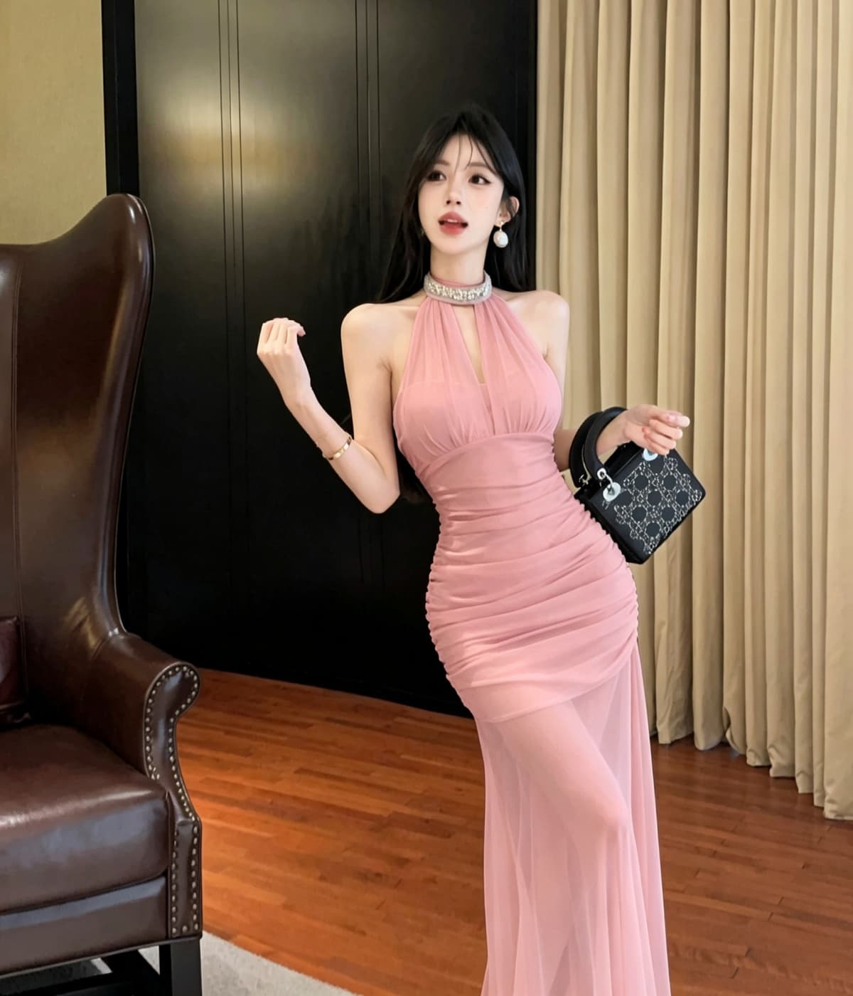 실사 프랑스식 고급 센스 행침 목 망사 드레스 새로운 품격 허리 수축 슬림해 보이는 휴가 길다 치마 상세 이미지 7