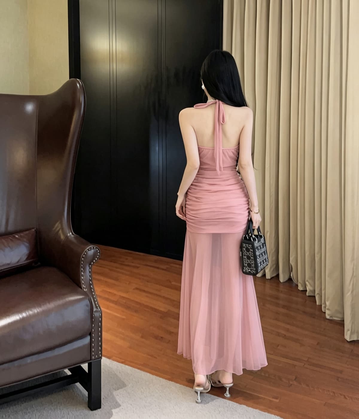 실사 프랑스식 고급 센스 행침 목 망사 드레스 새로운 품격 허리 수축 슬림해 보이는 휴가 길다 치마 상세 이미지 8