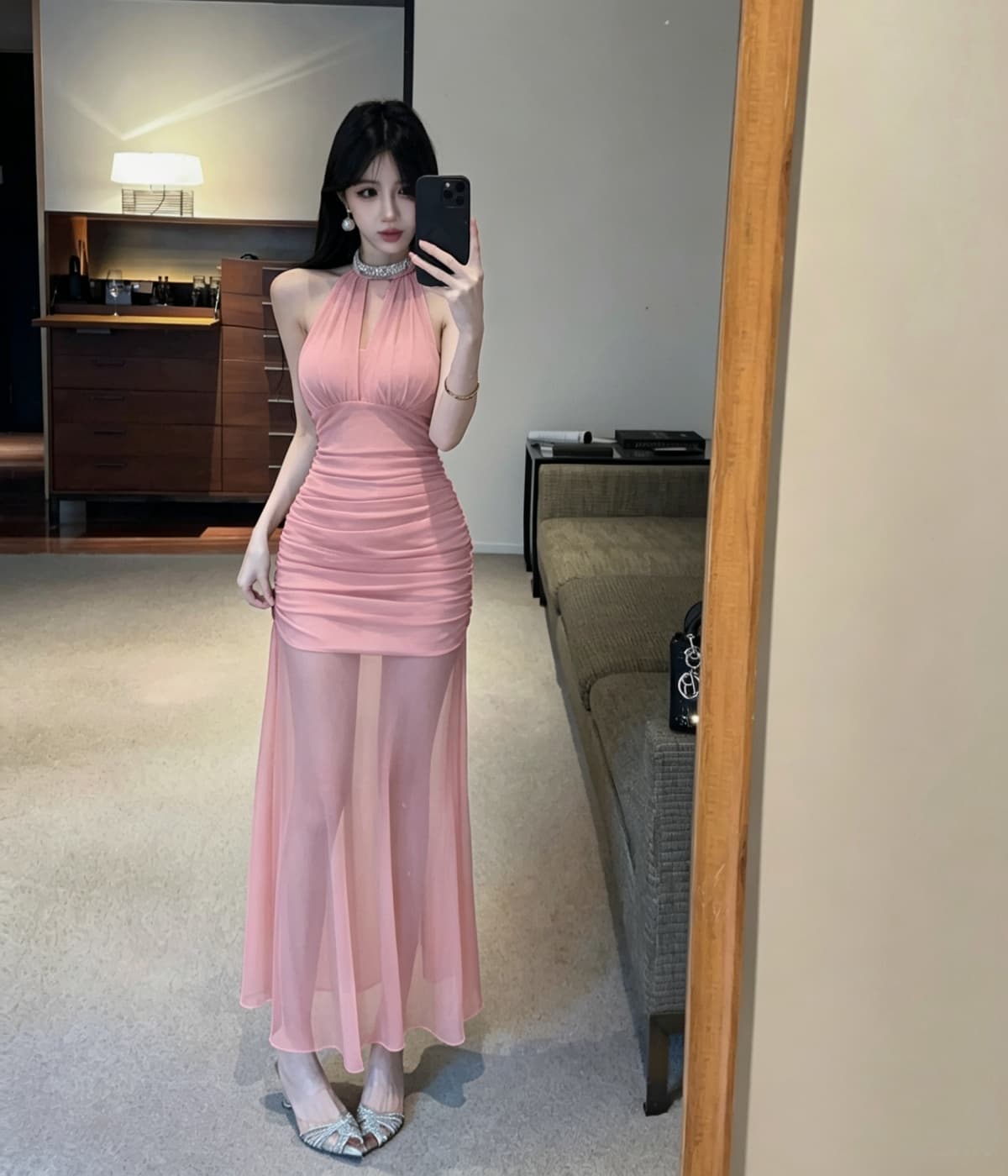 실사 프랑스식 고급 센스 행침 목 망사 드레스 새로운 품격 허리 수축 슬림해 보이는 휴가 길다 치마 상세 이미지 9