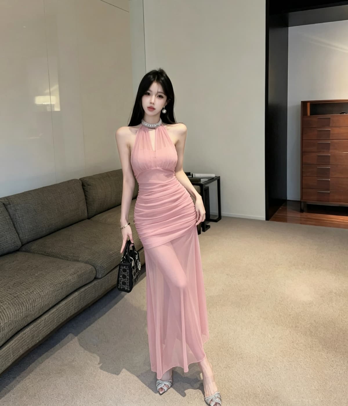 실사 프랑스식 고급 센스 행침 목 망사 드레스 새로운 품격 허리 수축 슬림해 보이는 휴가 길다 치마 상세 이미지 10