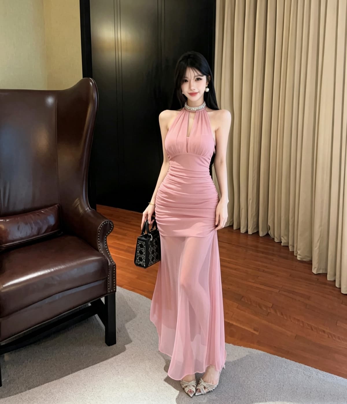 실사 프랑스식 고급 센스 행침 목 망사 드레스 새로운 품격 허리 수축 슬림해 보이는 휴가 길다 치마 상세 이미지 12