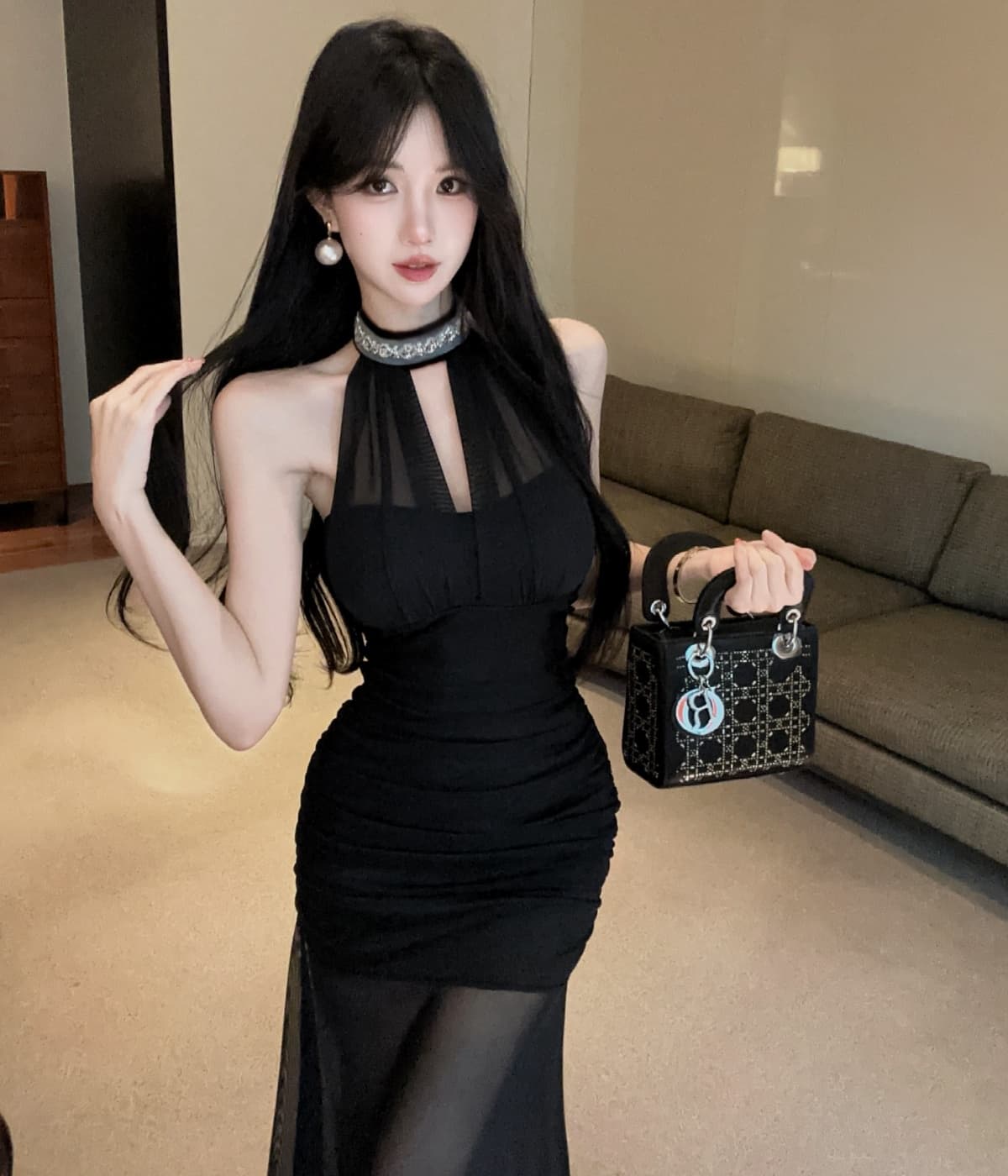실사 프랑스식 고급 센스 행침 목 망사 드레스 새로운 품격 허리 수축 슬림해 보이는 휴가 길다 치마 상세 이미지 13