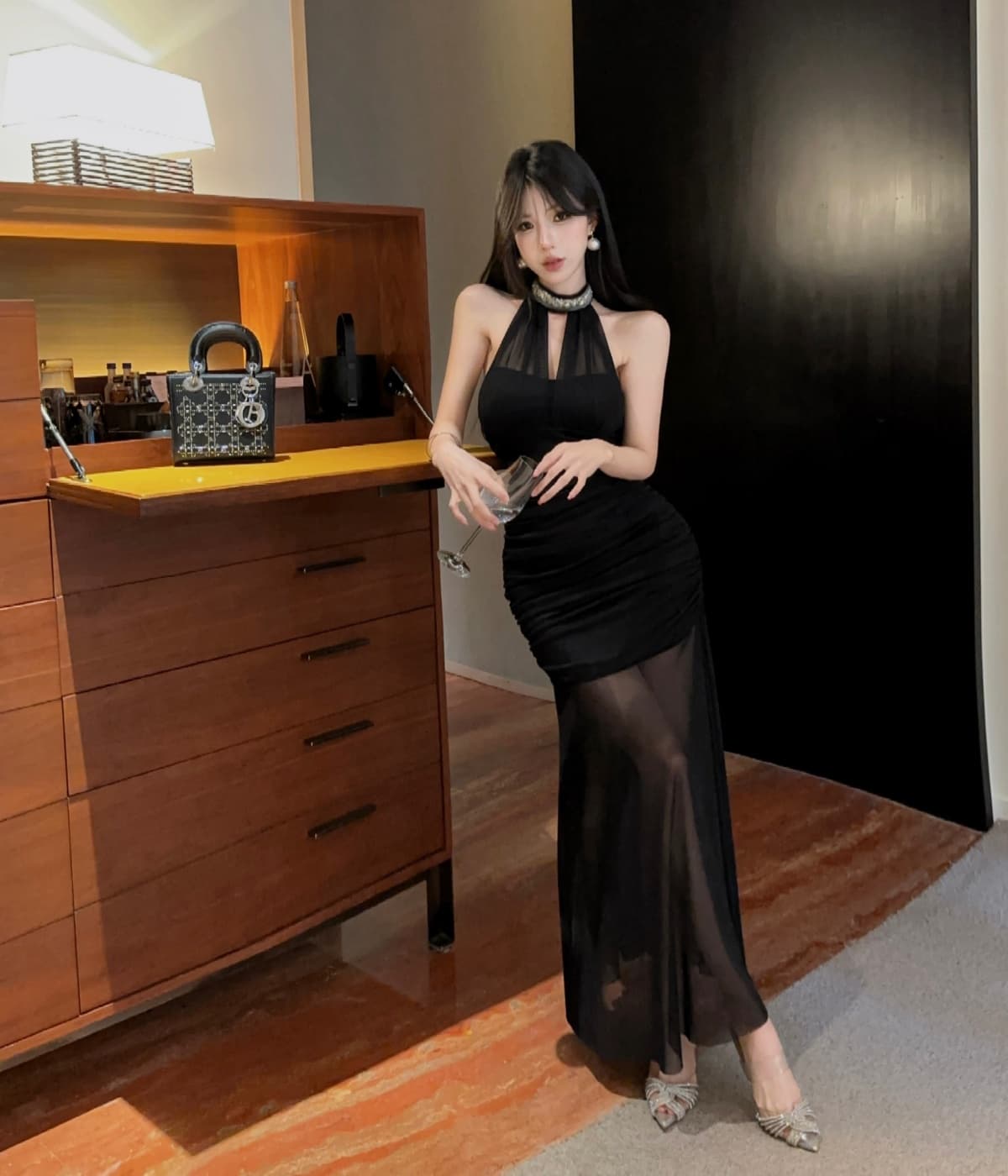실사 프랑스식 고급 센스 행침 목 망사 드레스 새로운 품격 허리 수축 슬림해 보이는 휴가 길다 치마 상세 이미지 14