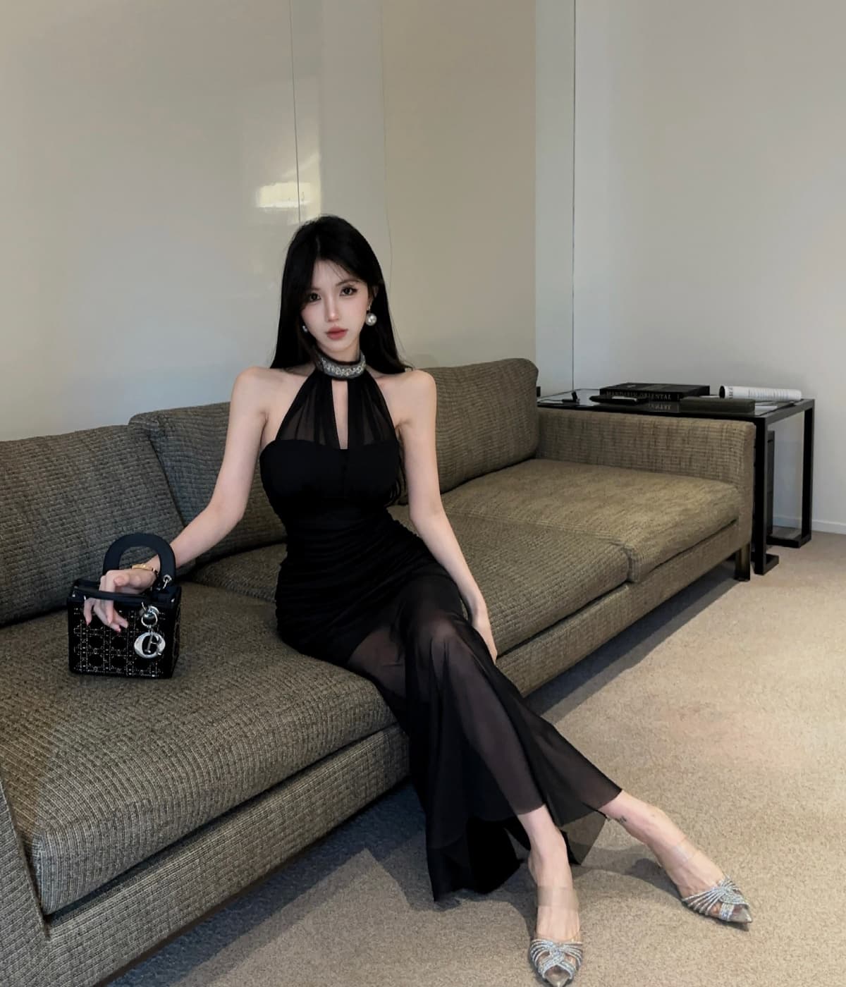 실사 프랑스식 고급 센스 행침 목 망사 드레스 새로운 품격 허리 수축 슬림해 보이는 휴가 길다 치마 상세 이미지 15