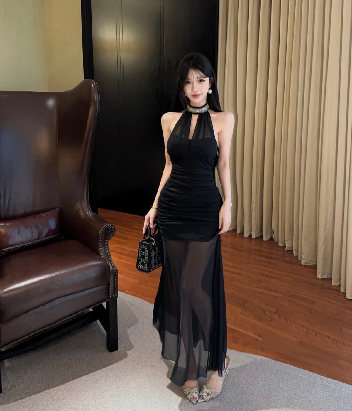 실사 프랑스식 고급 센스 행침 목 망사 드레스 새로운 품격 허리 수축 슬림해 보이는 휴가 길다 치마 상세 이미지 16