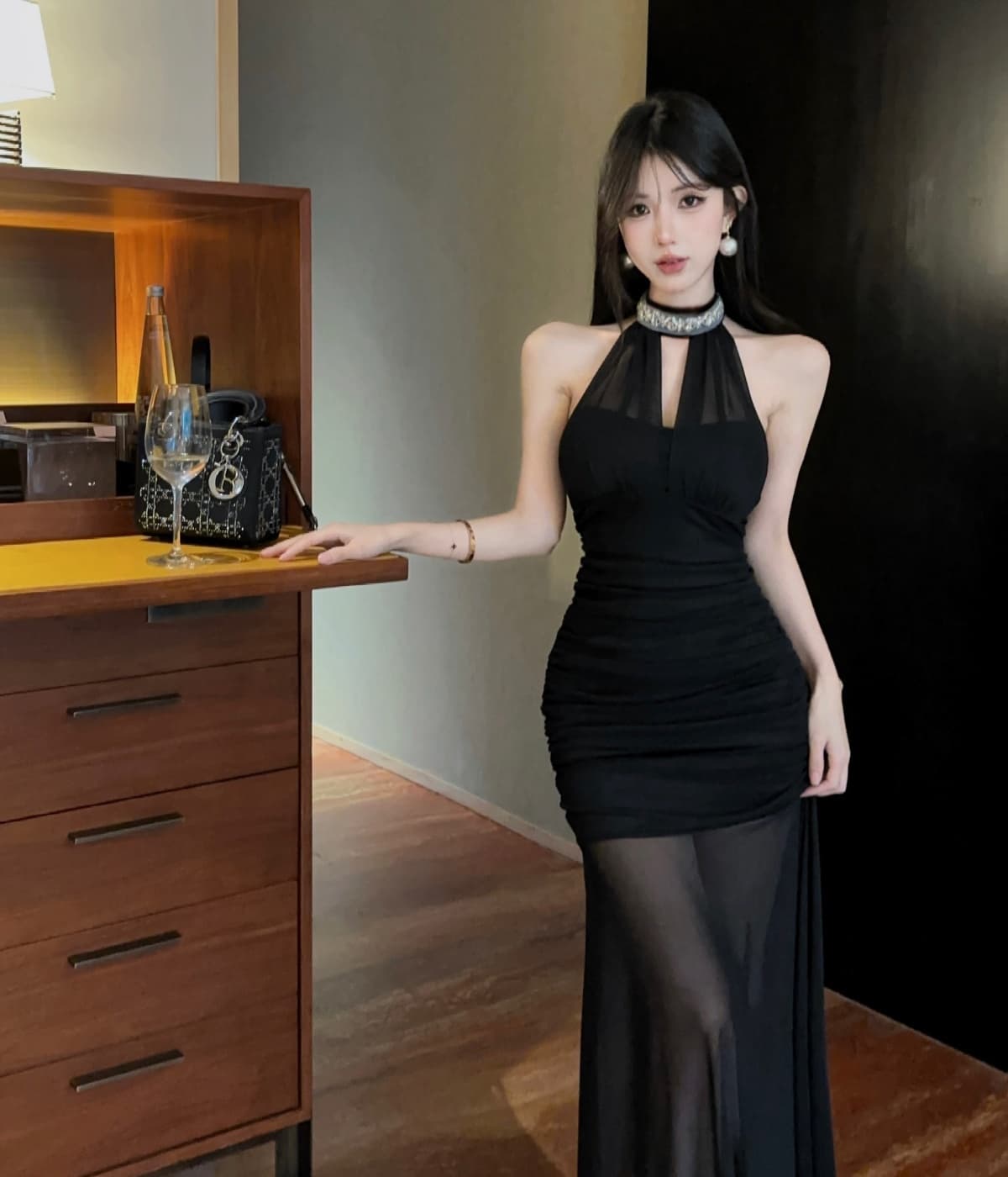 실사 프랑스식 고급 센스 행침 목 망사 드레스 새로운 품격 허리 수축 슬림해 보이는 휴가 길다 치마 상세 이미지 17