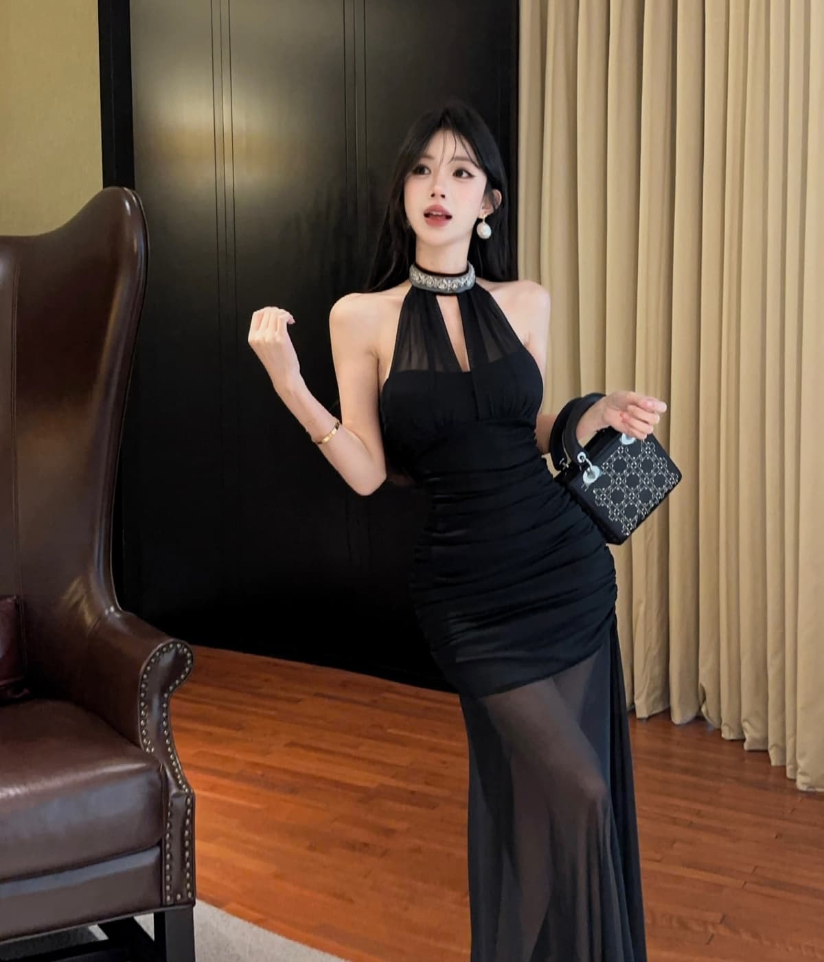 실사 프랑스식 고급 센스 행침 목 망사 드레스 새로운 품격 허리 수축 슬림해 보이는 휴가 길다 치마 상세 이미지 20