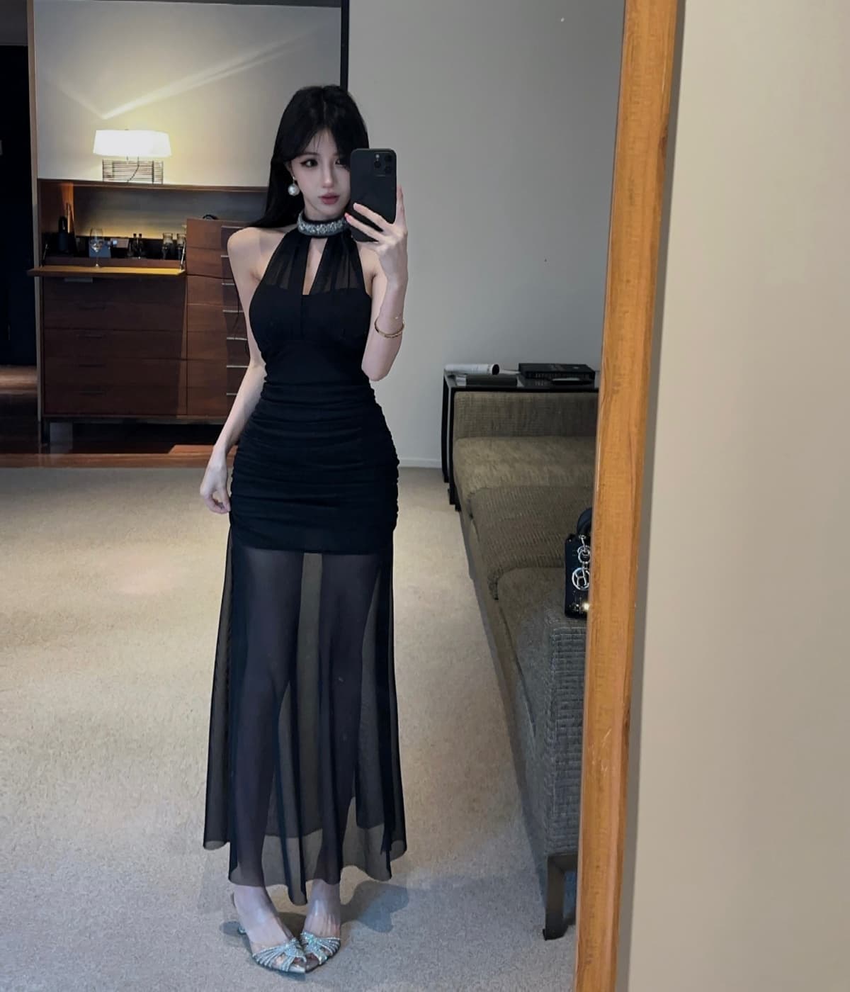 실사 프랑스식 고급 센스 행침 목 망사 드레스 새로운 품격 허리 수축 슬림해 보이는 휴가 길다 치마 상세 이미지 21