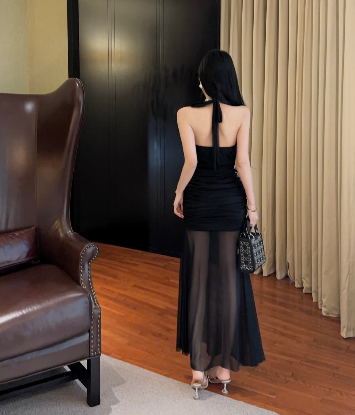실사 프랑스식 고급 센스 행침 목 망사 드레스 새로운 품격 허리 수축 슬림해 보이는 휴가 길다 치마 상세 이미지 22