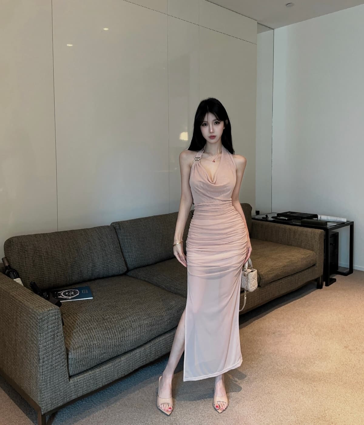 실사 흔들다 칼라 주름 행침 목 슬립 여성 드레스 여름 몸매 가꾸기 타이트 스커트 짧은 치마 상세 이미지 1