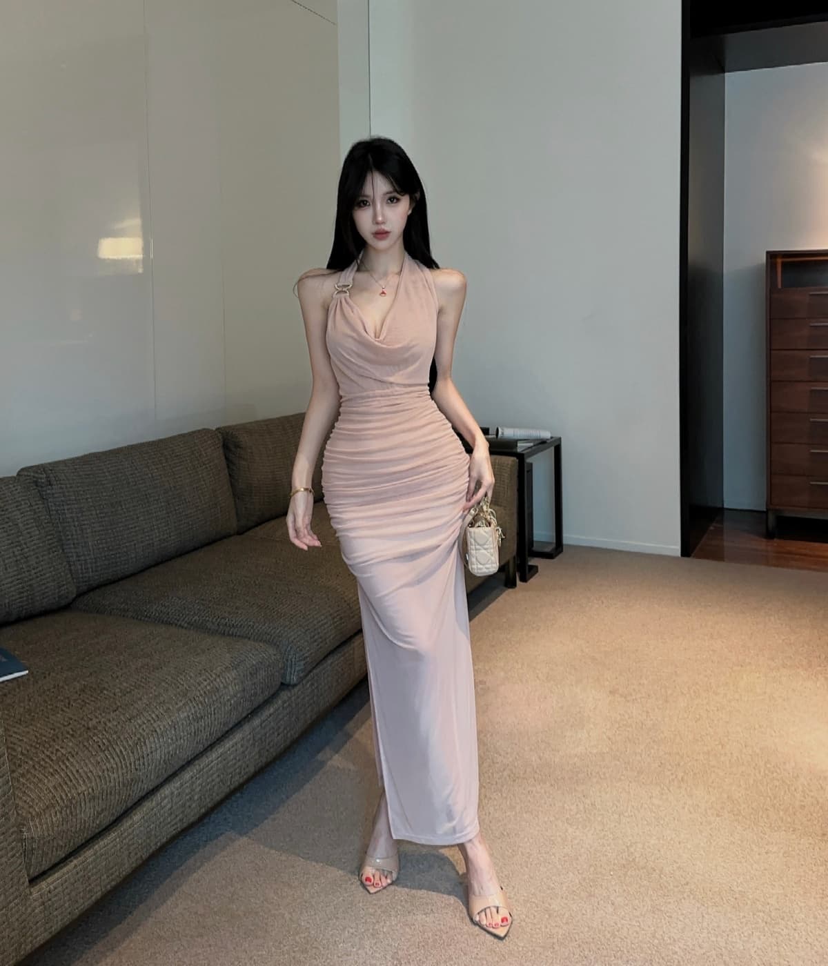실사 흔들다 칼라 주름 행침 목 슬립 여성 드레스 여름 몸매 가꾸기 타이트 스커트 짧은 치마 상세 이미지 2