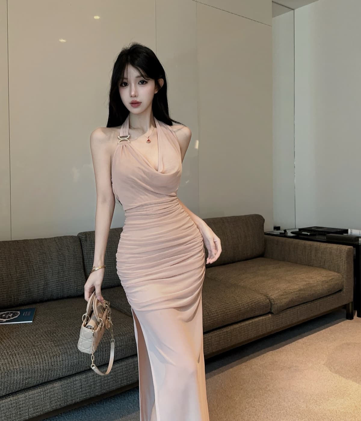 실사 흔들다 칼라 주름 행침 목 슬립 여성 드레스 여름 몸매 가꾸기 타이트 스커트 짧은 치마 상세 이미지 3