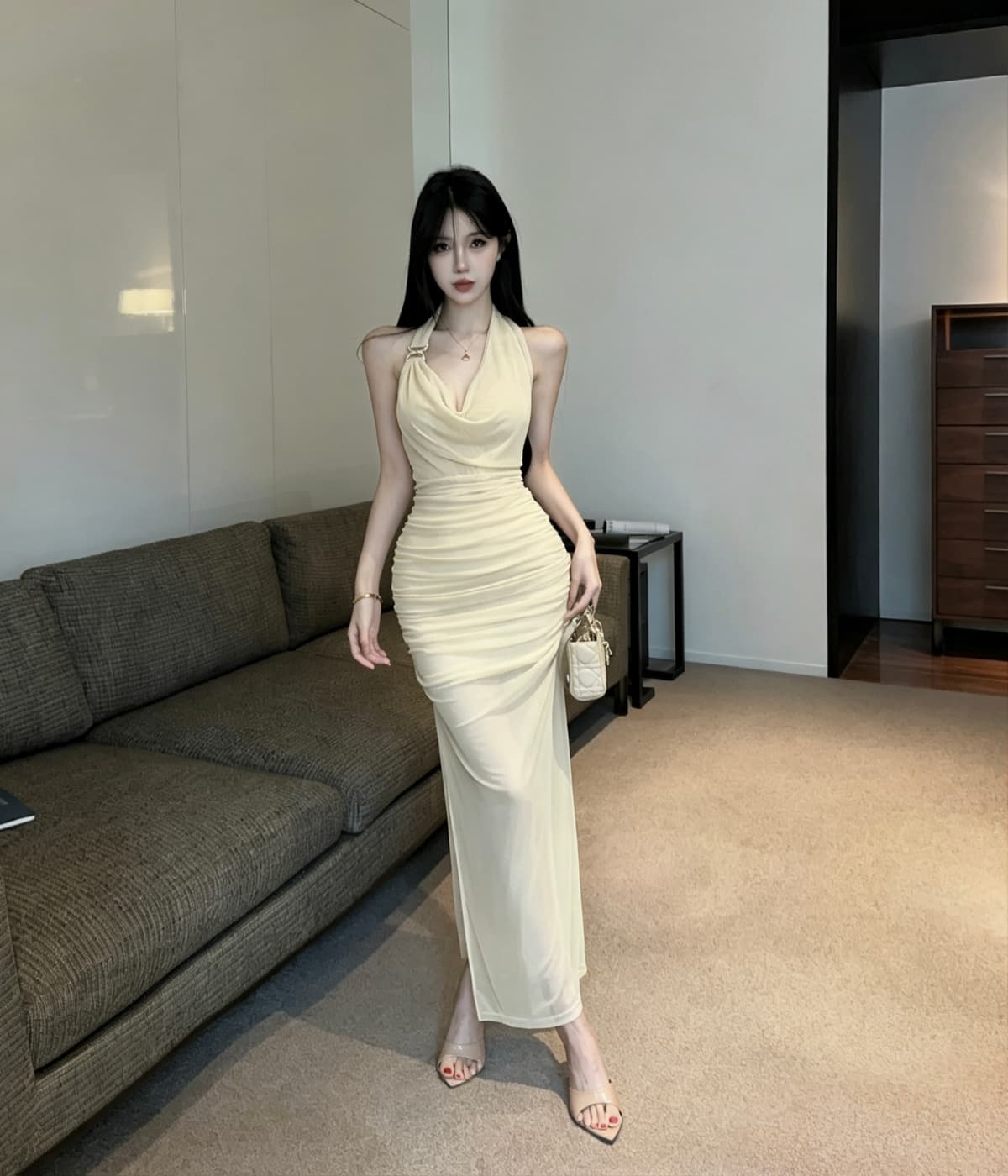실사 흔들다 칼라 주름 행침 목 슬립 여성 드레스 여름 몸매 가꾸기 타이트 스커트 짧은 치마 상세 이미지 14
