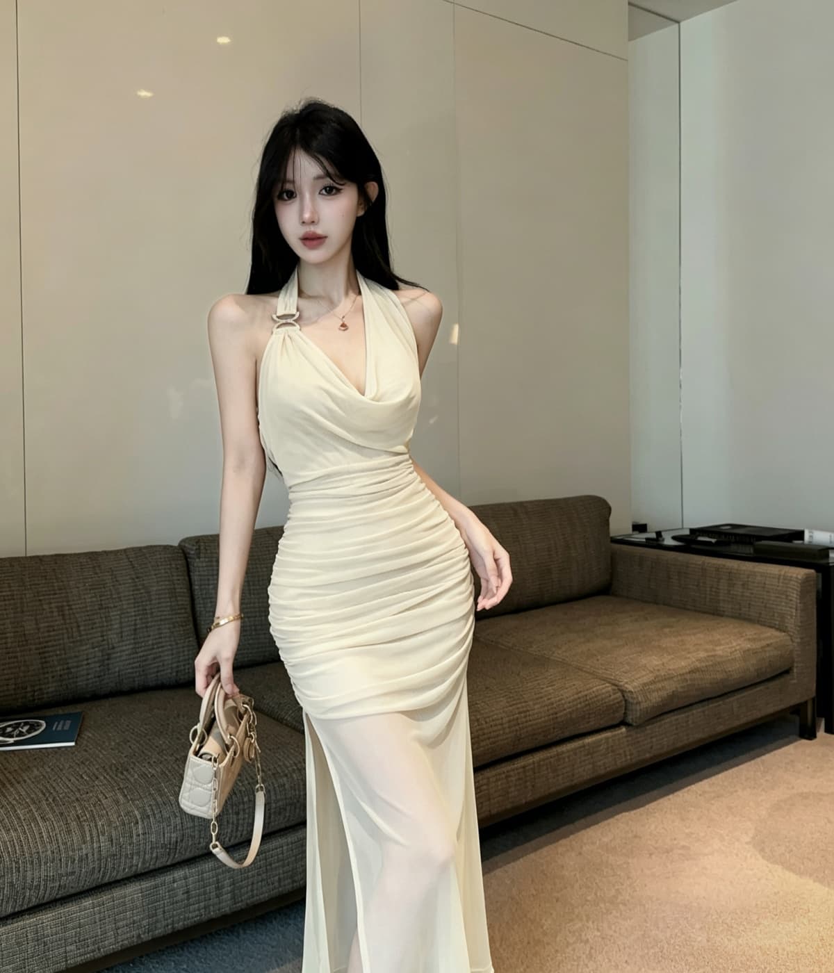 실사 흔들다 칼라 주름 행침 목 슬립 여성 드레스 여름 몸매 가꾸기 타이트 스커트 짧은 치마 상세 이미지 15