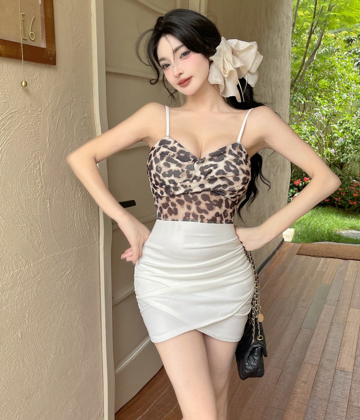 실사 레오파드 무늬 배색 쇼트 스타일 타이트 스커트 슬립 드레스 복장 상세 이미지 4