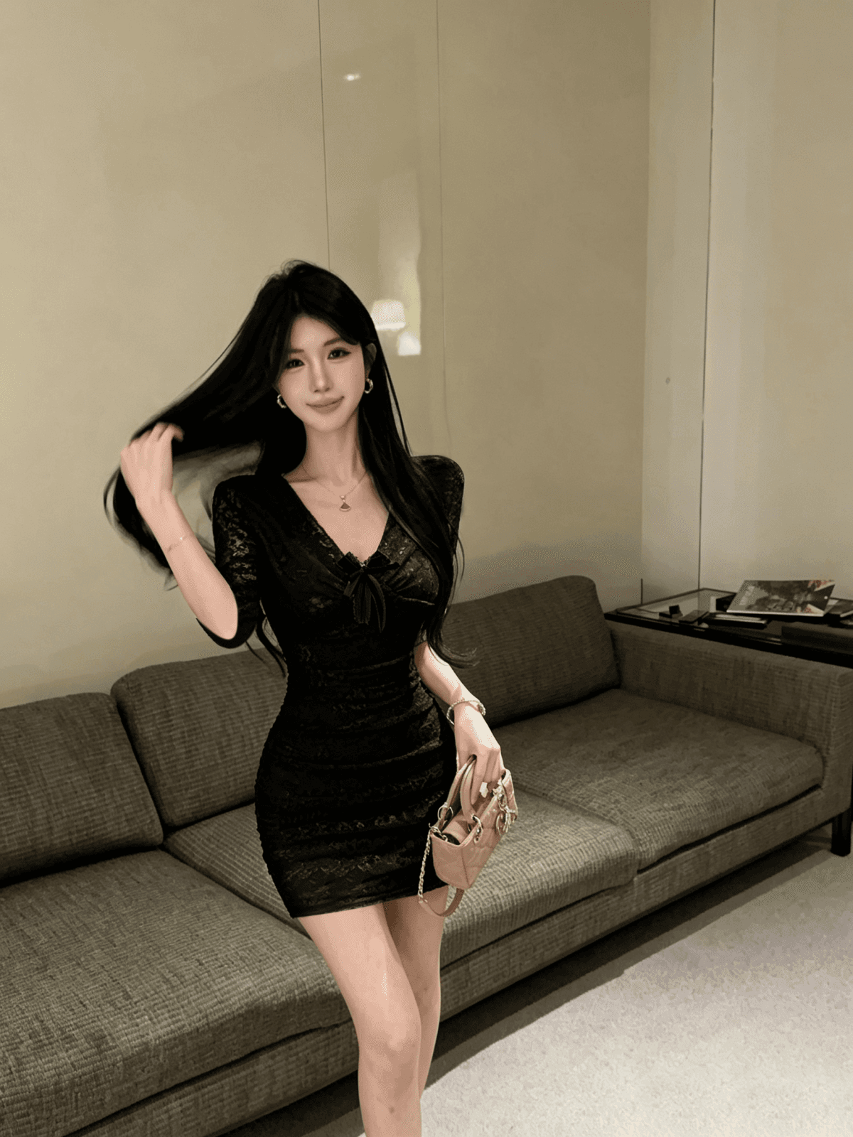 실사 작은 키 순수한 욕망 바람 몸매 가꾸기 레이스 드레스 나비 매듭 슬림해 보이는 타이트 스커트 미니 스커트 상세 이미지 11