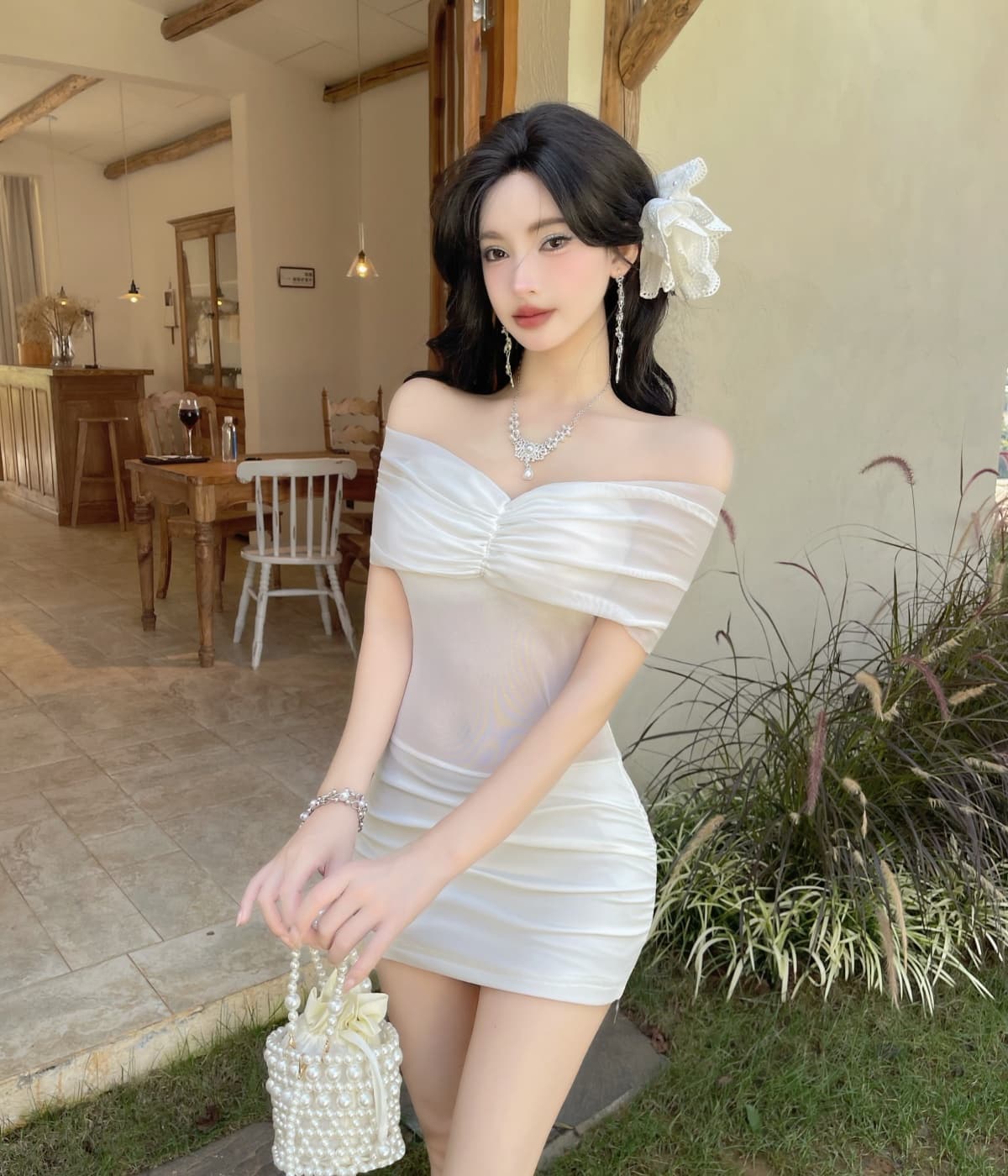 실사 프랑스식 고유 한 Chic 아름다운 오프숄더 여름 순수한 욕망 부드러운 품격 오프숄더 치마 상세 이미지 19