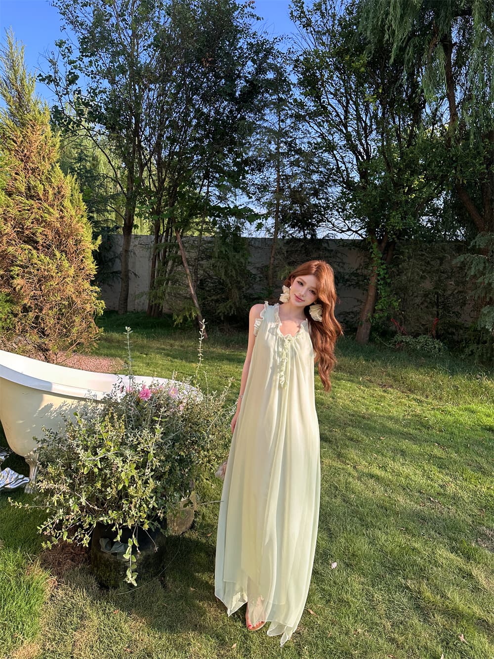해변가 휴가 바람 밝은 녹색 슬립 여성 드레스 여름 프랑스식 낭만주의 플리츠 프릴 롱 스커트 해변 드레스 상세 이미지 11