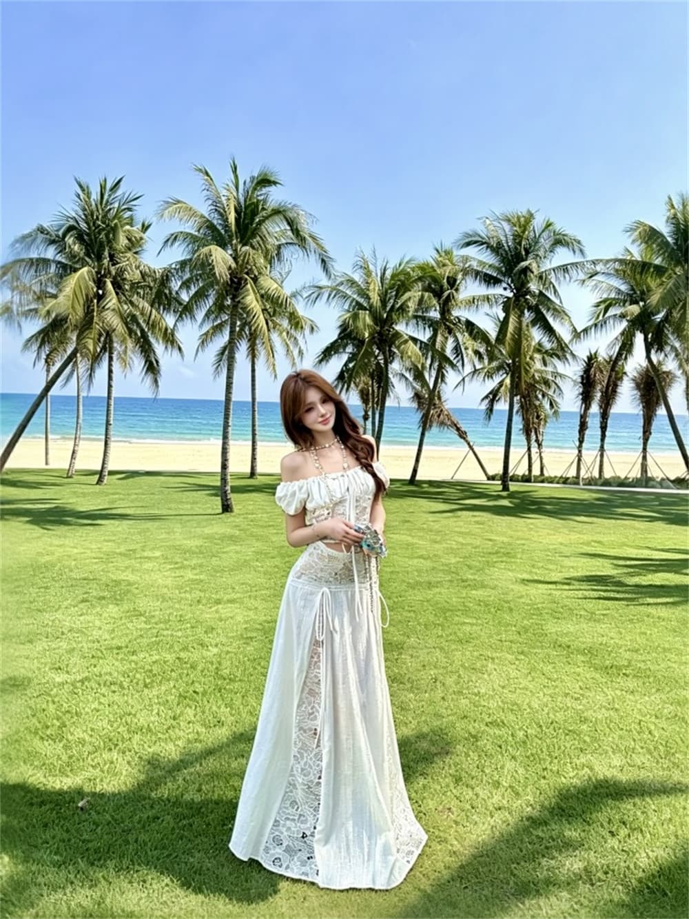 아름다운 분위기 센스 휴가 섬 바람 순수한 욕망 화이트 오프숄더 레이스 맨위 큰 진자 우아한 반신 치마 세트 상세 이미지 18