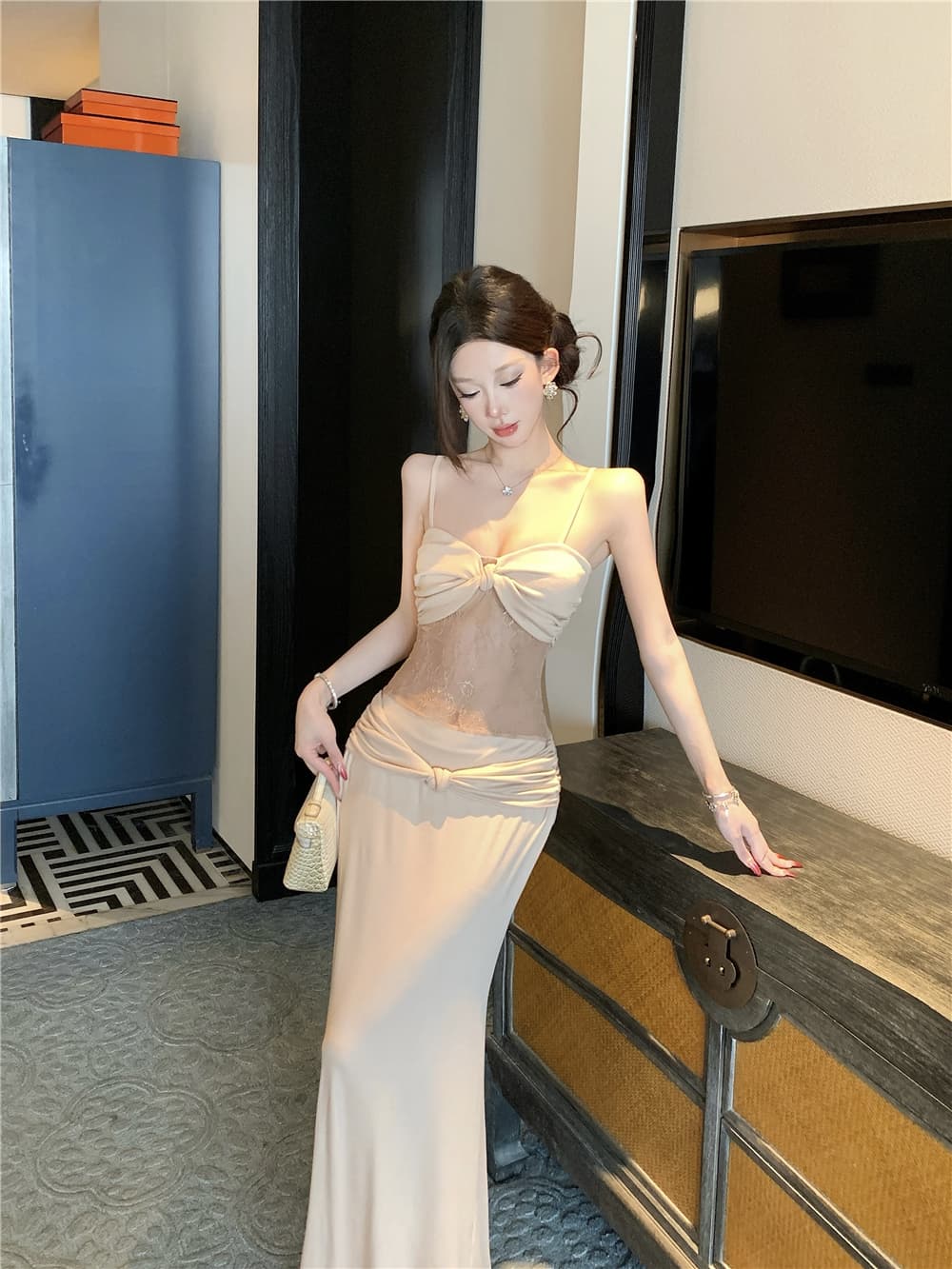 실사 카키 색 레이스 타이트 스커트 인어 꼬리 스커트 휴가 바람 섹시함 허리 수축 롱 코트 패치워크 슬립 드레스 여름 드레스 이미지 4