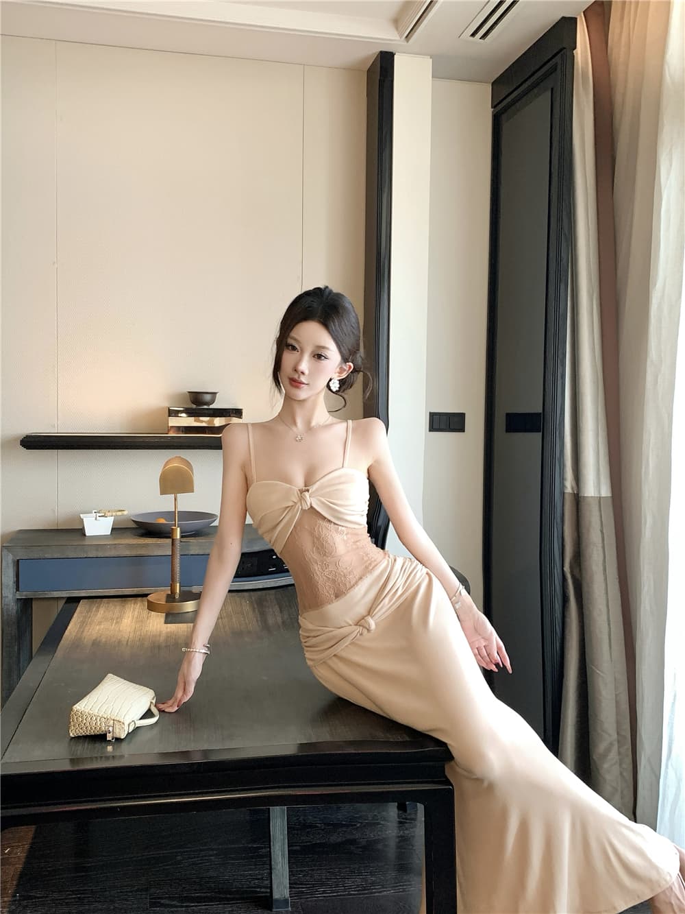 실사 카키 색 레이스 타이트 스커트 인어 꼬리 스커트 휴가 바람 섹시함 허리 수축 롱 코트 패치워크 슬립 드레스 여름 드레스 상세 이미지 1