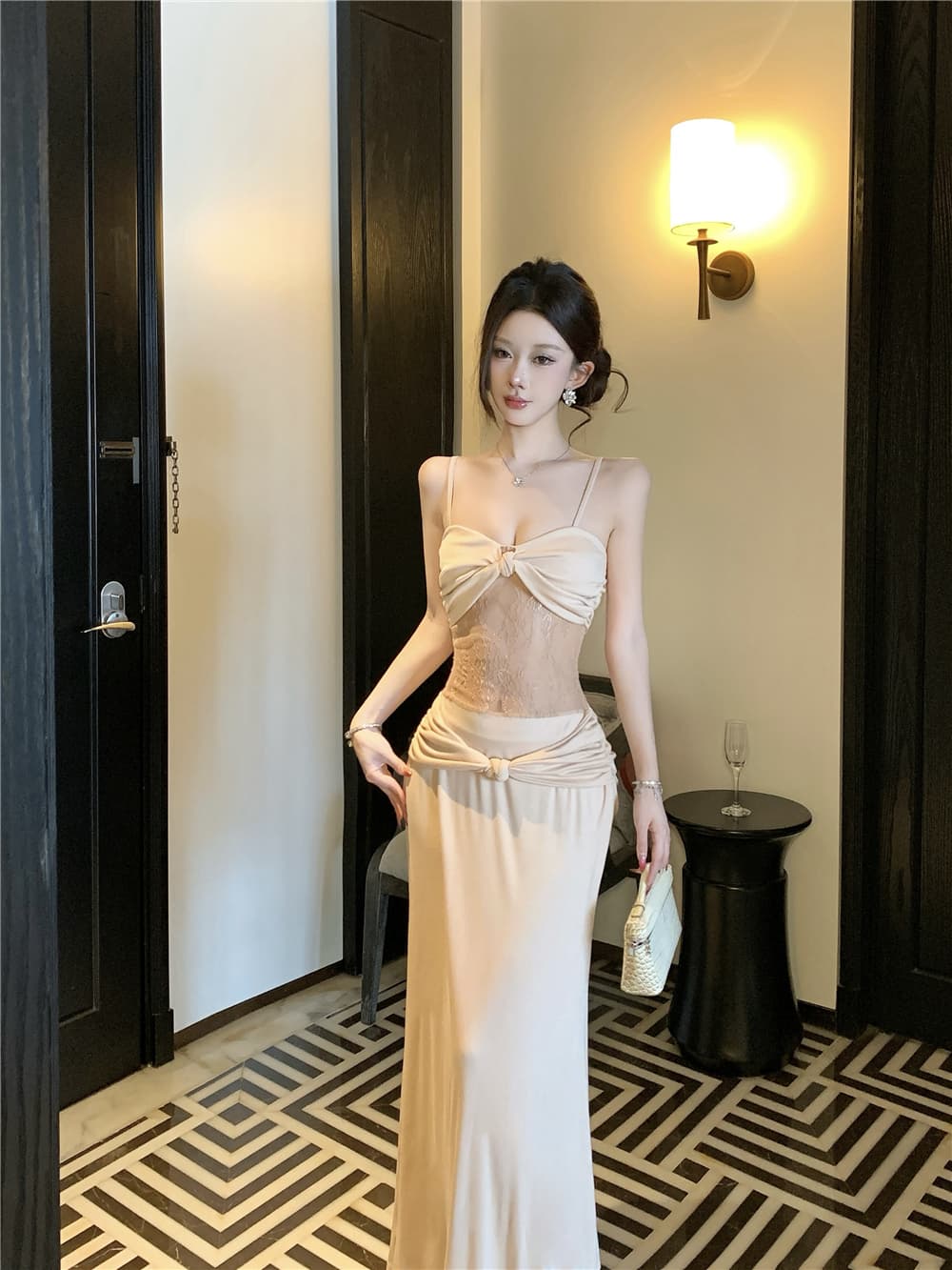 실사 카키 색 레이스 타이트 스커트 인어 꼬리 스커트 휴가 바람 섹시함 허리 수축 롱 코트 패치워크 슬립 드레스 여름 드레스 상세 이미지 3