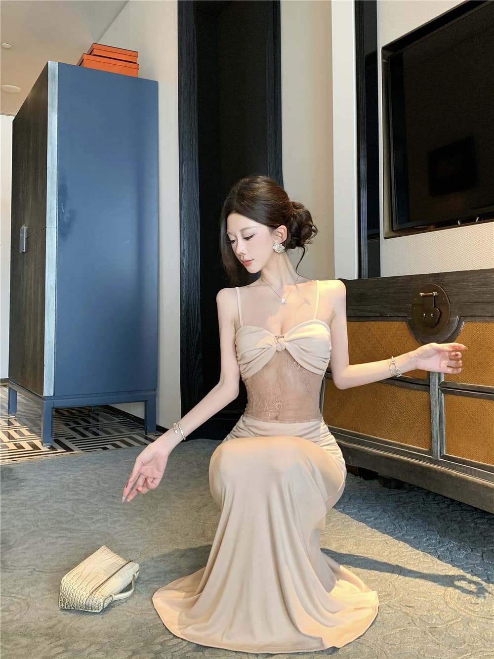 실사 카키 색 레이스 타이트 스커트 인어 꼬리 스커트 휴가 바람 섹시함 허리 수축 롱 코트 패치워크 슬립 드레스 여름 드레스 상세 이미지 8
