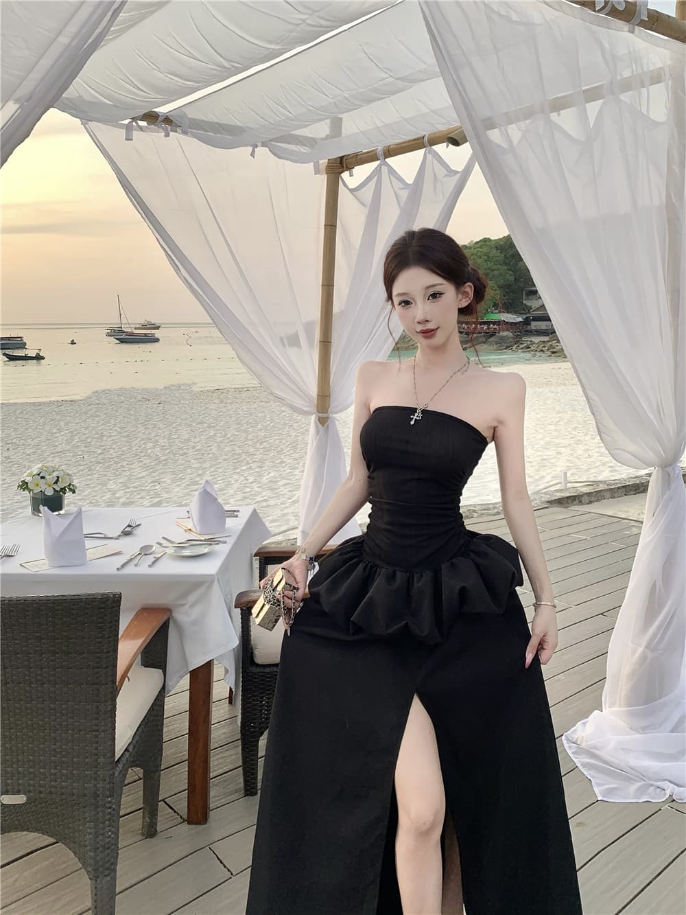 실사 검정색 포장 가슴 점프 슈트 치마 여름 프랑스식 품격 허리 수축 트임 몸매 가꾸기 예복 퍼프 길다 치마 상세 이미지 10