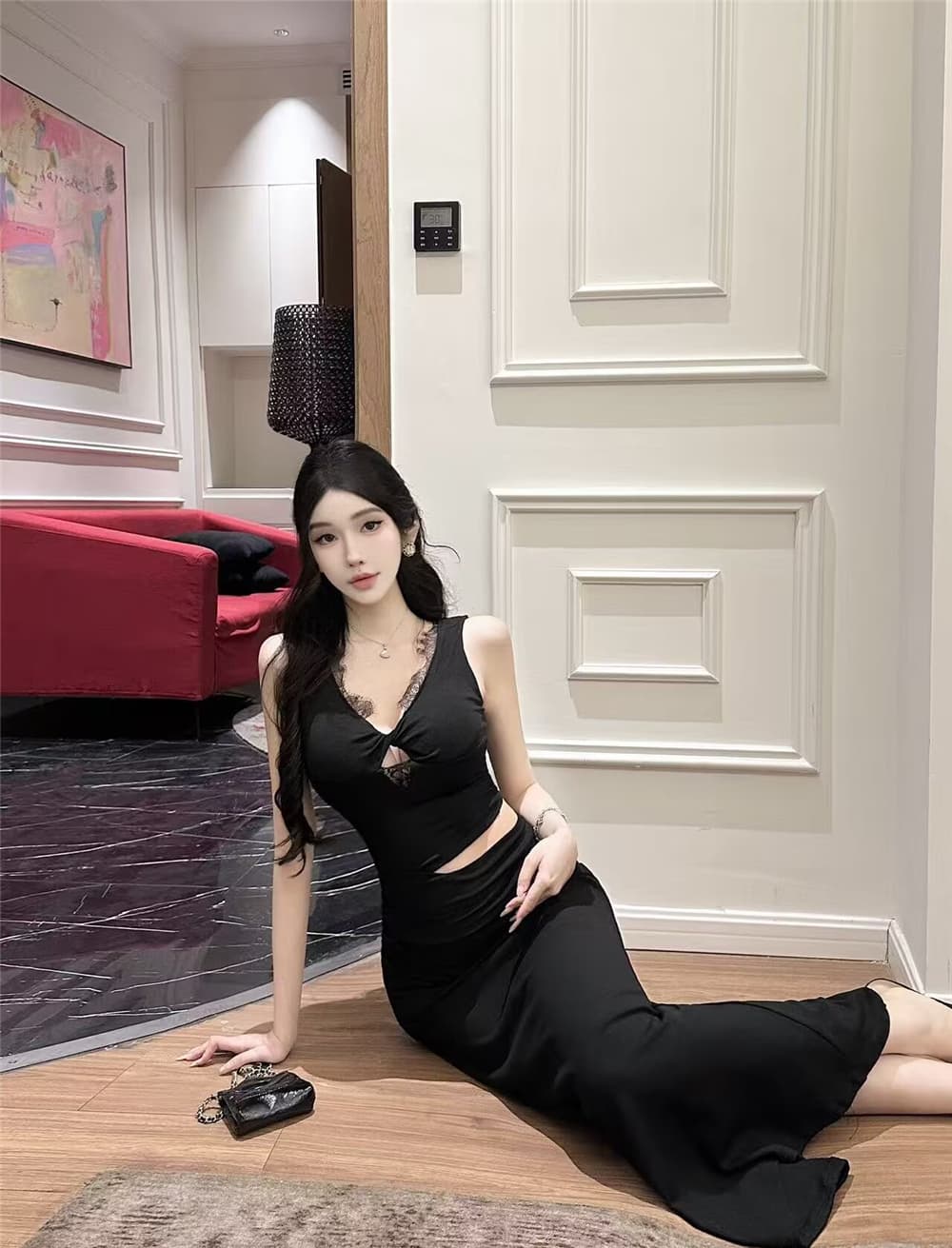 실사 봄 여름 검정색 섹시함 민소매 V넥 레이스 조각 하트 매듭 홀로우 아웃 이슬 허리 타이트 스커트 롱 코트 드레스 상세 이미지 8
