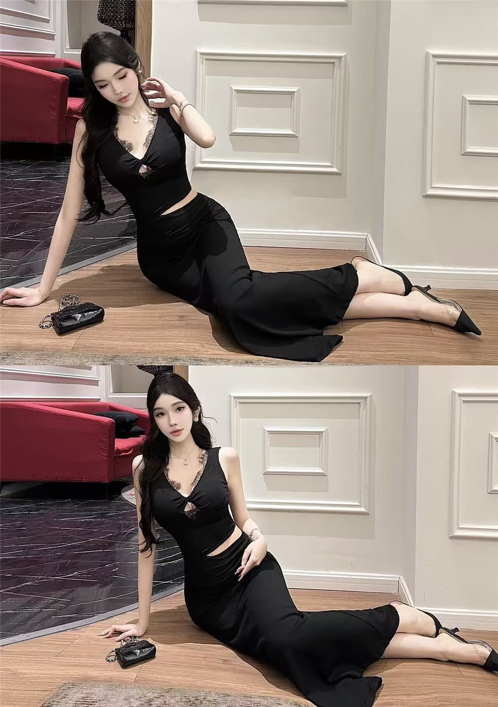 실사 봄 여름 검정색 섹시함 민소매 V넥 레이스 조각 하트 매듭 홀로우 아웃 이슬 허리 타이트 스커트 롱 코트 드레스 상세 이미지 12