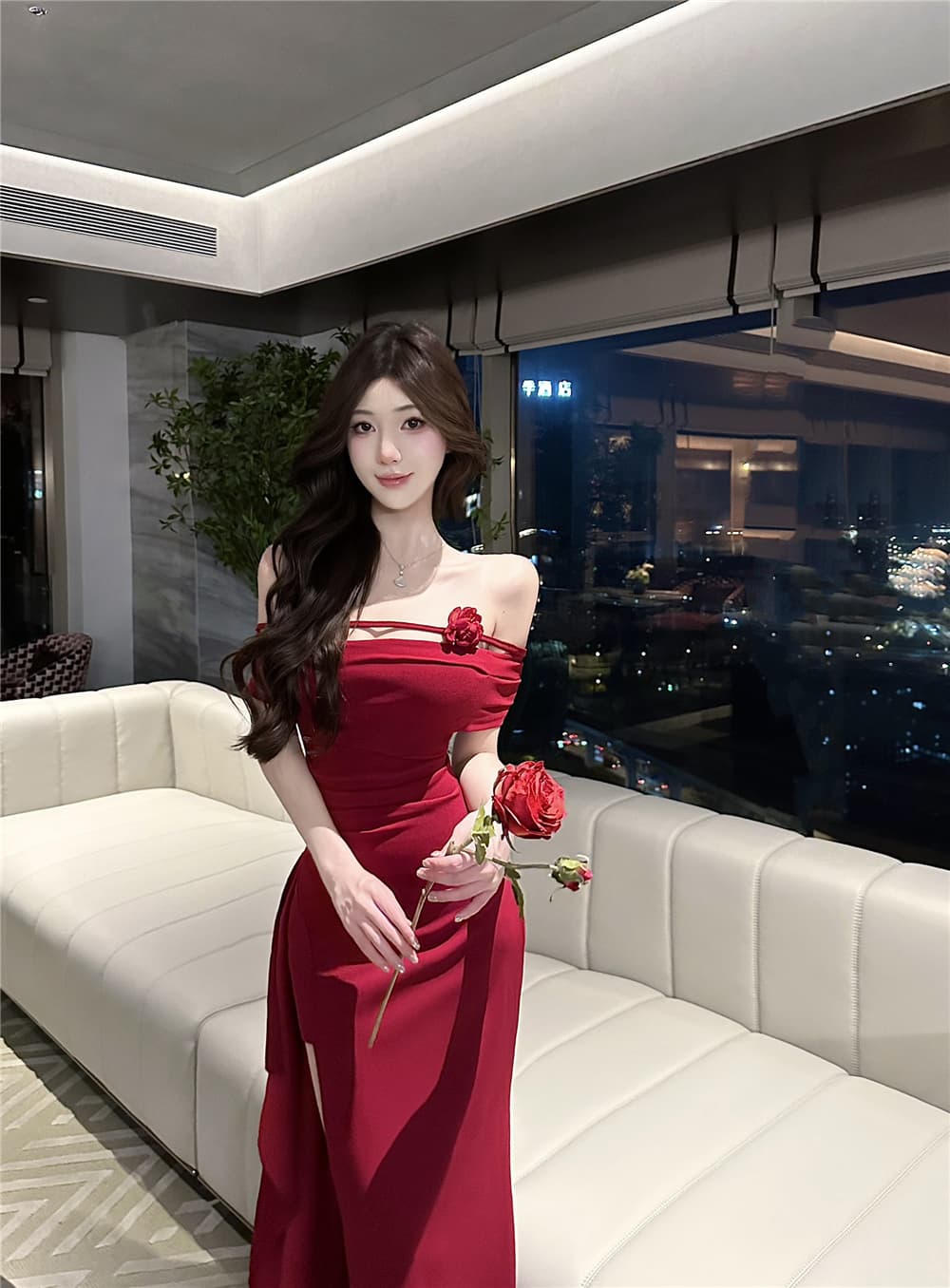 실사 아름다운 로얄 자매 섹시함 오프숄더 트임 이브닝 드레스 치마 여성 여름 고급 센스 품격 연회 길다 치마 상세 이미지 6