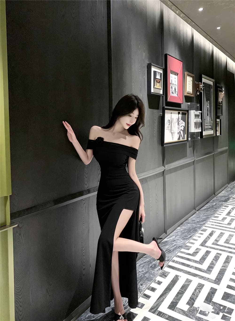 실사 아름다운 로얄 자매 섹시함 오프숄더 트임 이브닝 드레스 치마 여성 여름 고급 센스 품격 연회 길다 치마 이미지 3