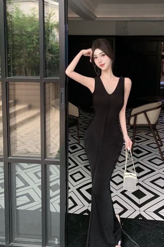 실사 섹시함 V넥 불규칙 드레스 여름 슬림해 보이는 허리 수축 캐주얼 치마 핫걸 몸매 가꾸기 타이트 스커트 롱 스커트 이미지 5