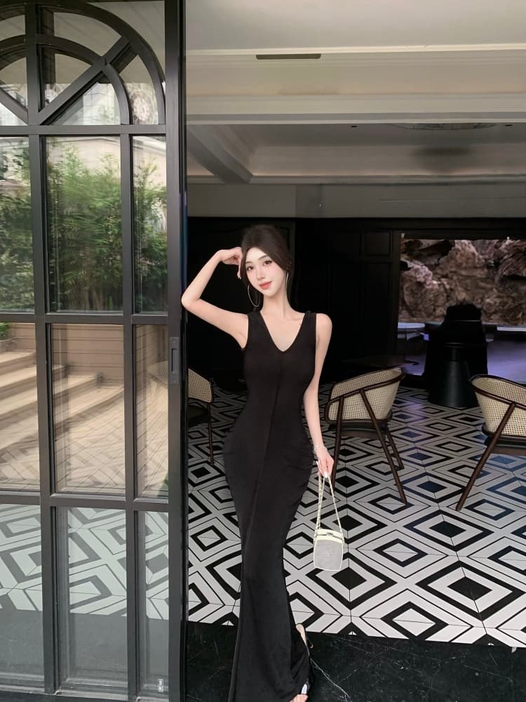 실사 섹시함 V넥 불규칙 드레스 여름 슬림해 보이는 허리 수축 캐주얼 치마 핫걸 몸매 가꾸기 타이트 스커트 롱 스커트 상세 이미지 6