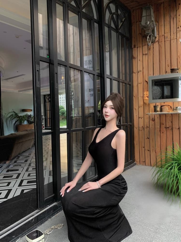 실사 섹시함 V넥 불규칙 드레스 여름 슬림해 보이는 허리 수축 캐주얼 치마 핫걸 몸매 가꾸기 타이트 스커트 롱 스커트 상세 이미지 13