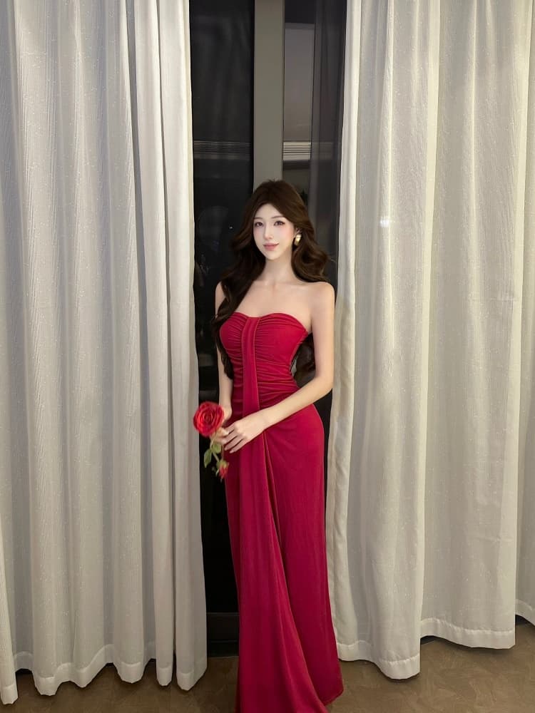 실사 순수한 욕망 바람 튜브탑 여성 드레스 몸매 가꾸기 슬림해 보이는 주름 타이트 스커트 롱 스커트 섹시함 핫걸 이브닝 드레스 상세 이미지 13