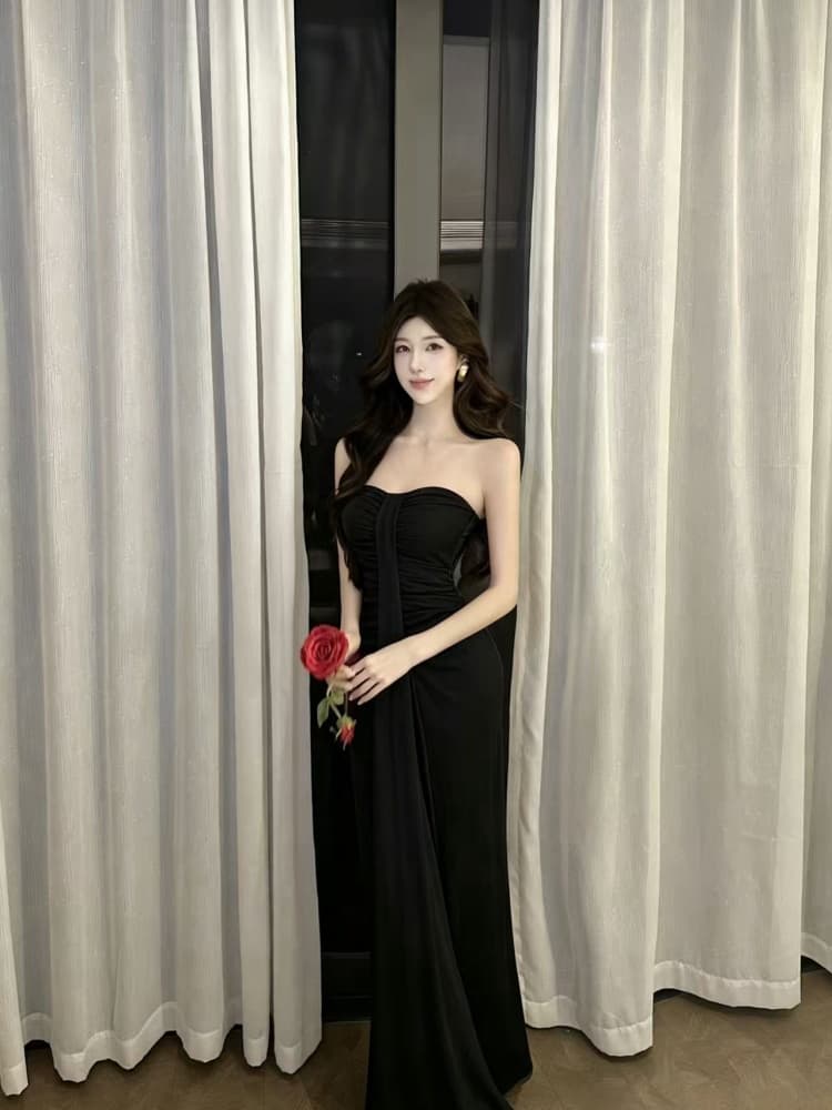 실사 순수한 욕망 바람 튜브탑 여성 드레스 몸매 가꾸기 슬림해 보이는 주름 타이트 스커트 롱 스커트 섹시함 핫걸 이브닝 드레스 상세 이미지 15