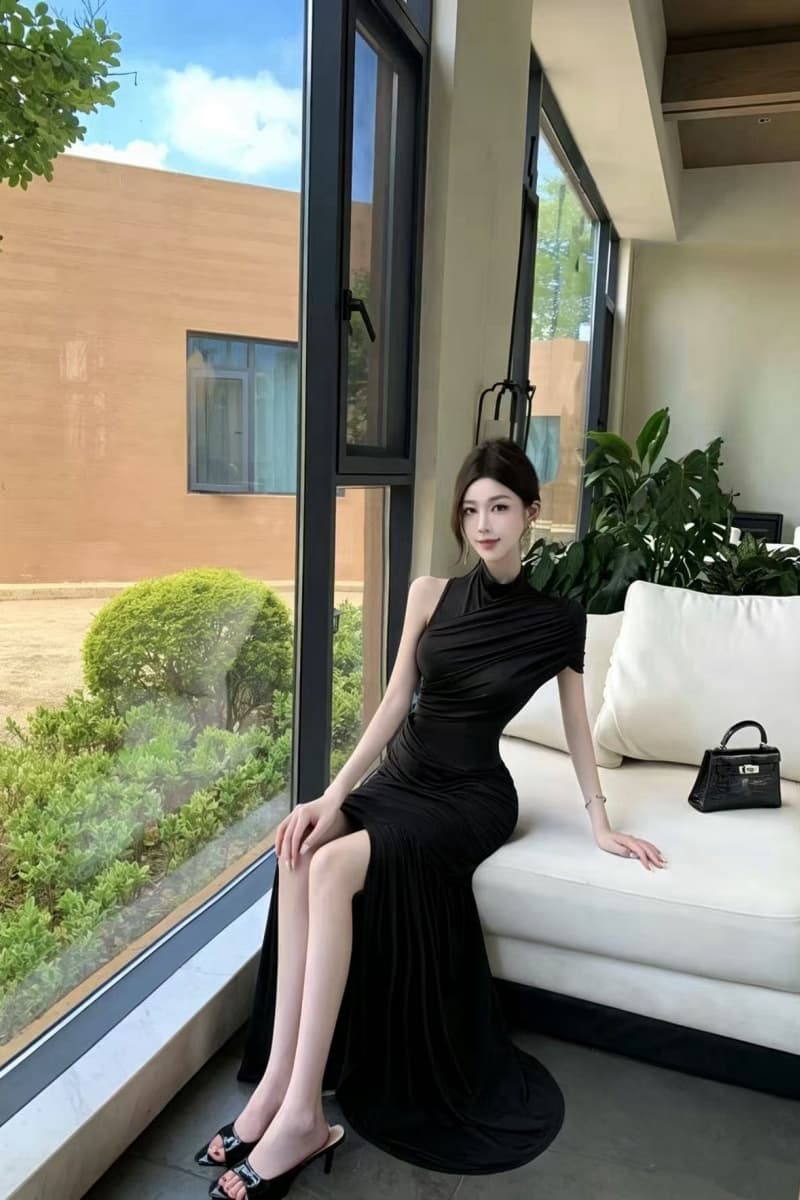 실사 품격 커피 색상 비스듬한 어깨 불규칙 드레스 몸매 가꾸기 슬림해 보이는 주름 타이트 스커트 출퇴근 데이트 저녁 식사 치마 상세 이미지 15
