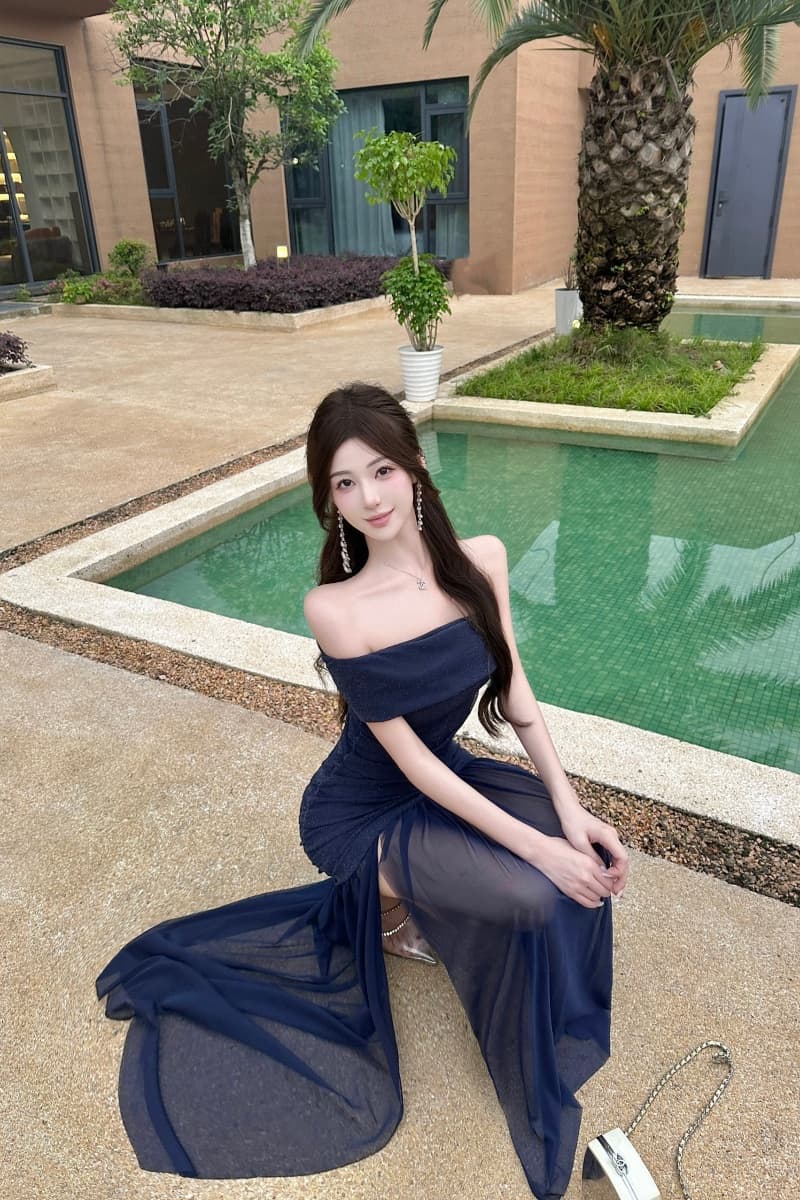 실사 망사 패치워크 오프숄더 여성 드레스 여름 주름 허리 수축 트임 치마 순수한 욕망 타이트 스커트 롱 스커트 상세 이미지 3