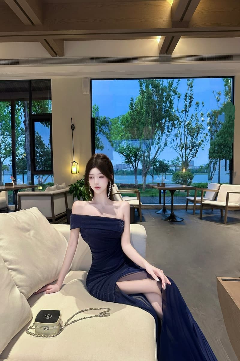 실사 망사 패치워크 오프숄더 여성 드레스 여름 주름 허리 수축 트임 치마 순수한 욕망 타이트 스커트 롱 스커트 상세 이미지 6