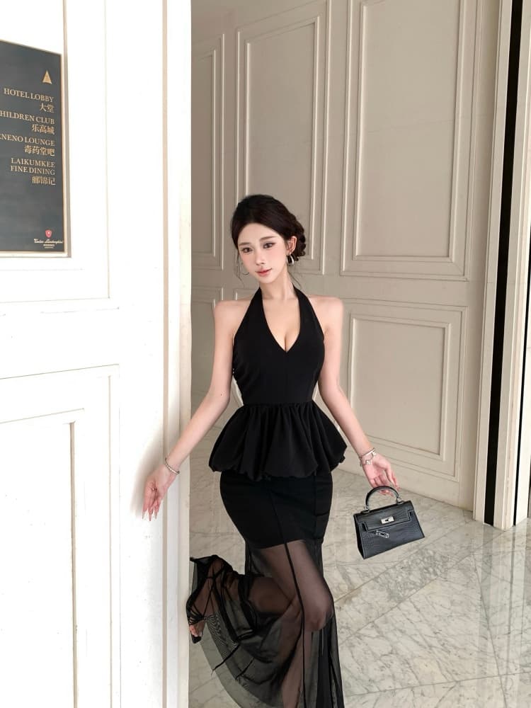 실사 프랑스식 검정색 행침 목 여성 드레스 여름 섹시함 깊은 v 허리 수축 퍼프 망사 패치워크 롱 스커트 상세 이미지 7
