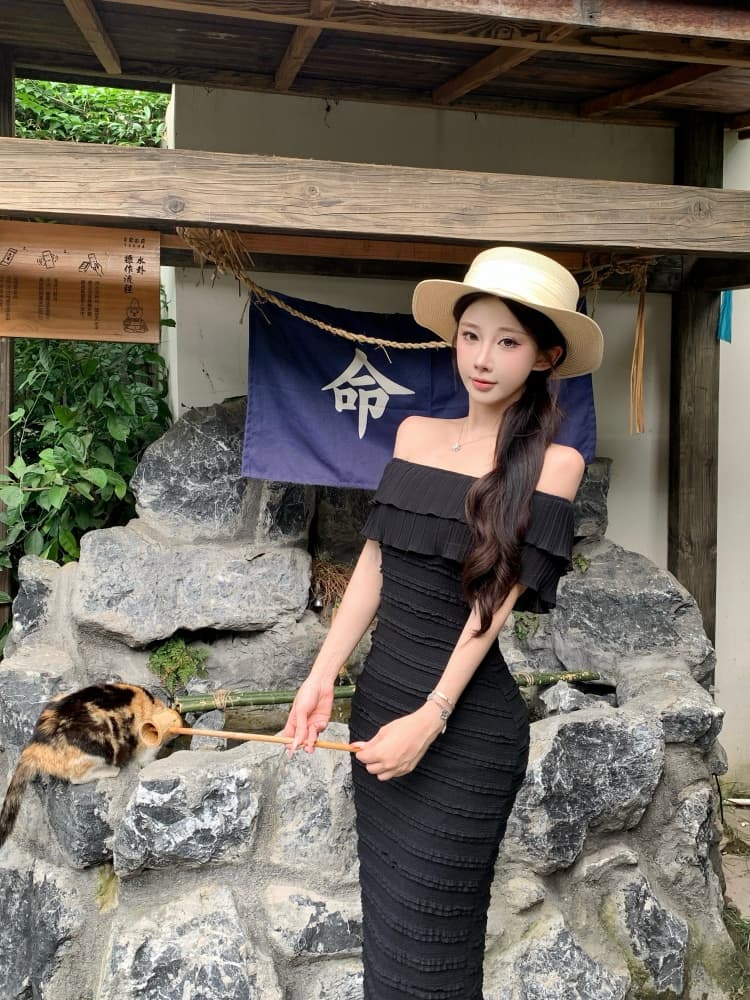실사 오프숄더 드레스 질감 센스 주름 몸매 가꾸기 슬림해 보이는 타이트 스커트 롱 코트 품격 인어 꼬리 해변가 휴가 치마 상세 이미지 12