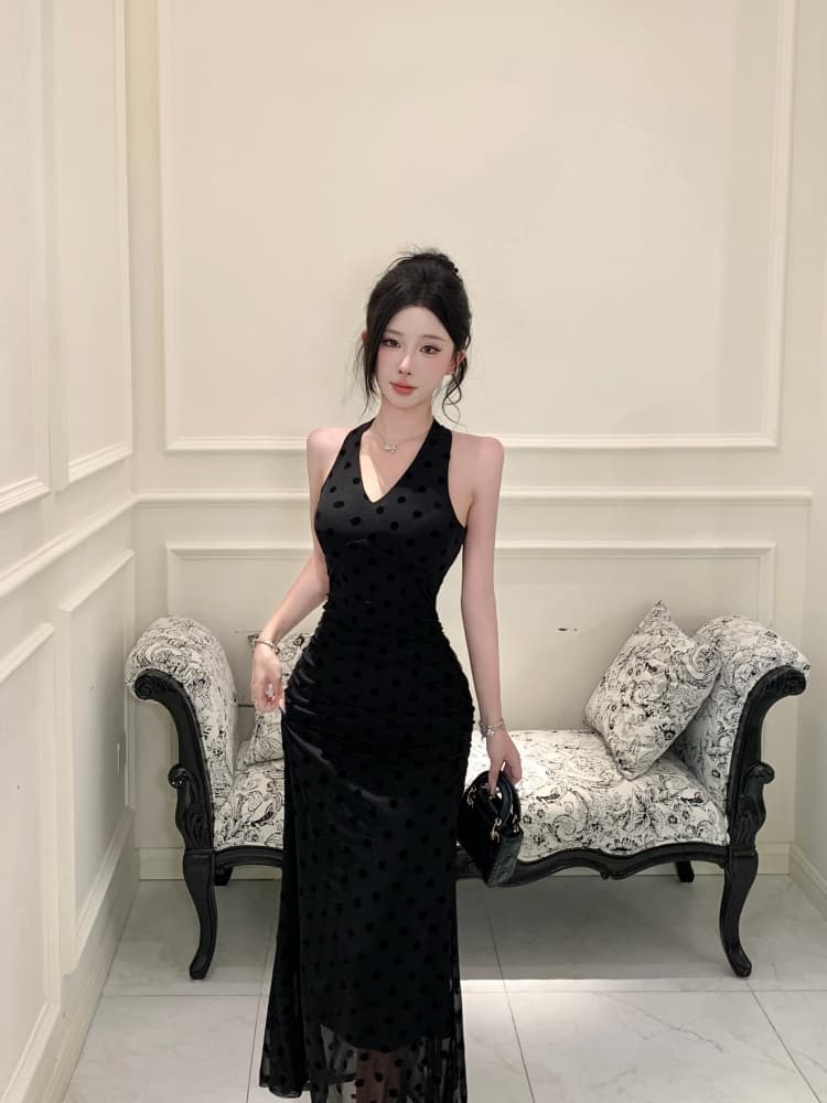 실사 식물 플러시 도트 무늬 행침 목 V넥 드레스 주름 허리 수축 타이트 스커트 인어 꼬리 롱 스커트 순수한 욕망 섹시함 예복 치마 상세 이미지 10
