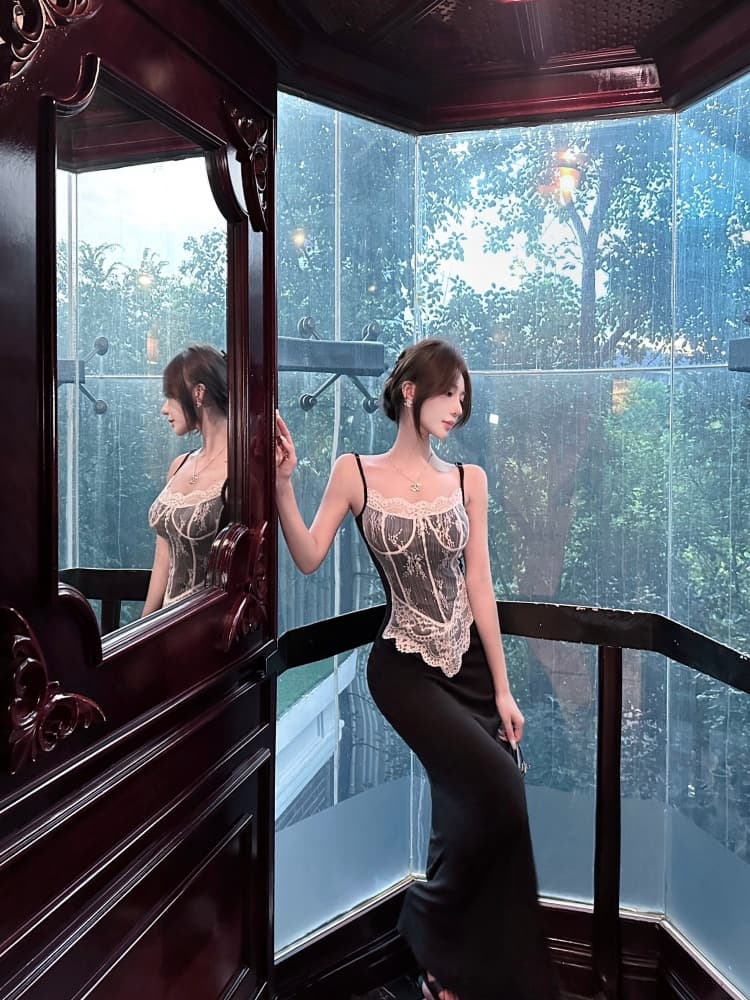 실사 프랑스식 순수한 욕망 레이스 몸 슬립 드레스 허리 수축 표지 고기 검정색 타이트 스커트 롱 스커트 분위기 센스 드레스