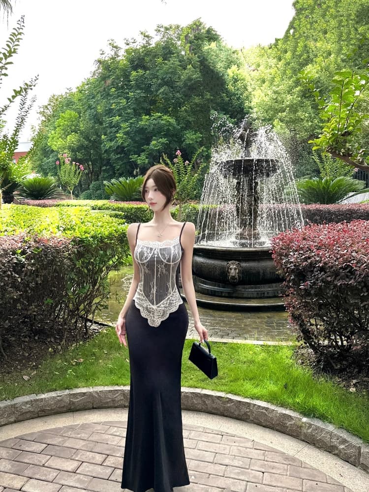 실사 프랑스식 순수한 욕망 레이스 몸 슬립 드레스 허리 수축 표지 고기 검정색 타이트 스커트 롱 스커트 분위기 센스 드레스 상세 이미지 1
