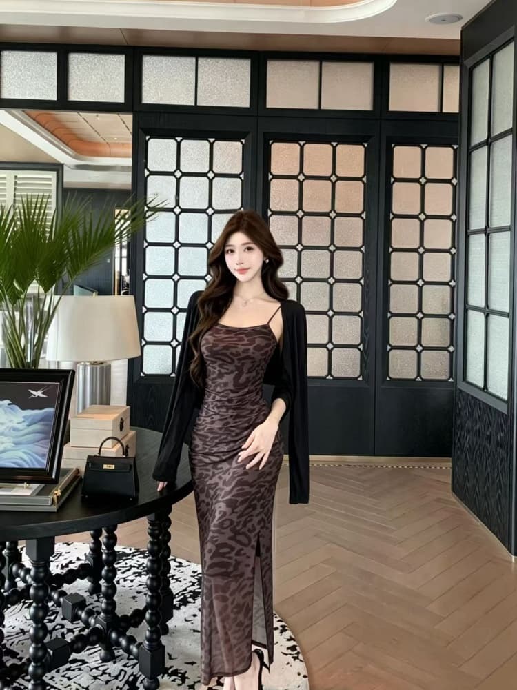 실사 한 부서 레오파드 무늬 슬립 드레스 주름 표지 고기 트임 롱 코트 드레스 다용도 자외선 차단 작은 열림 셔츠 투피스 세트 이미지 2